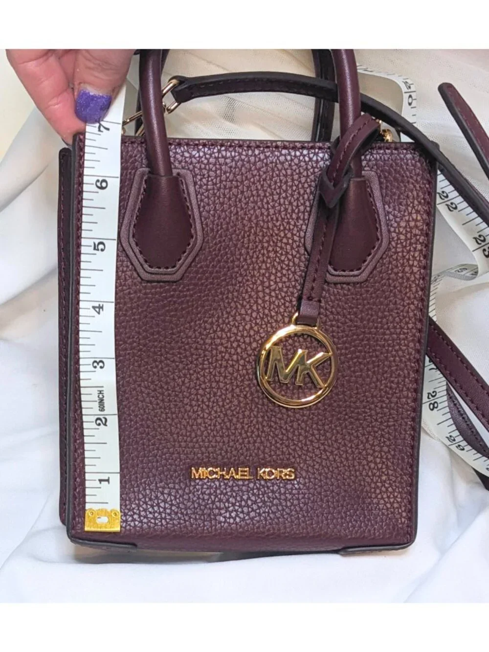 Michael Kors Burgundy Pebbled Leather Mini Satchel Crossbody Gold Logo NWOT - Picture 3 of 6